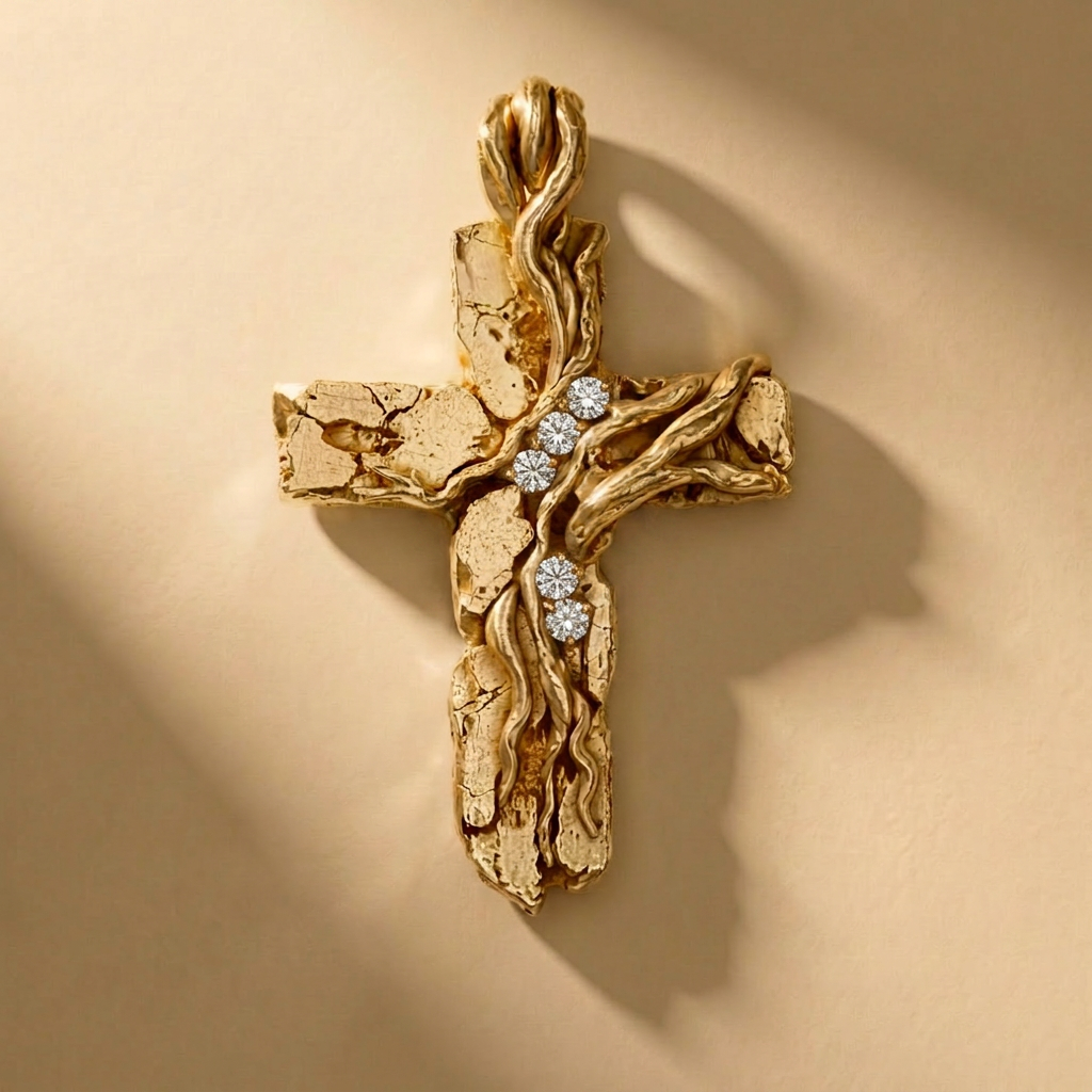GOLDEN CRUCEM LUX cross pendant in solid 14kt gold with white stones, handcrafted in Italy for you - Broken Hearts