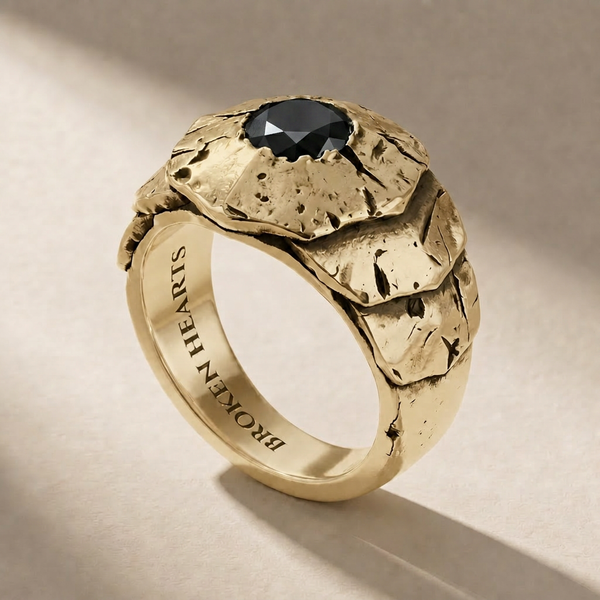 GOLDEN SCUTUM NOX ring in solid 14kt gold with black stones, handcrafted in Italy for you - Broken Hearts