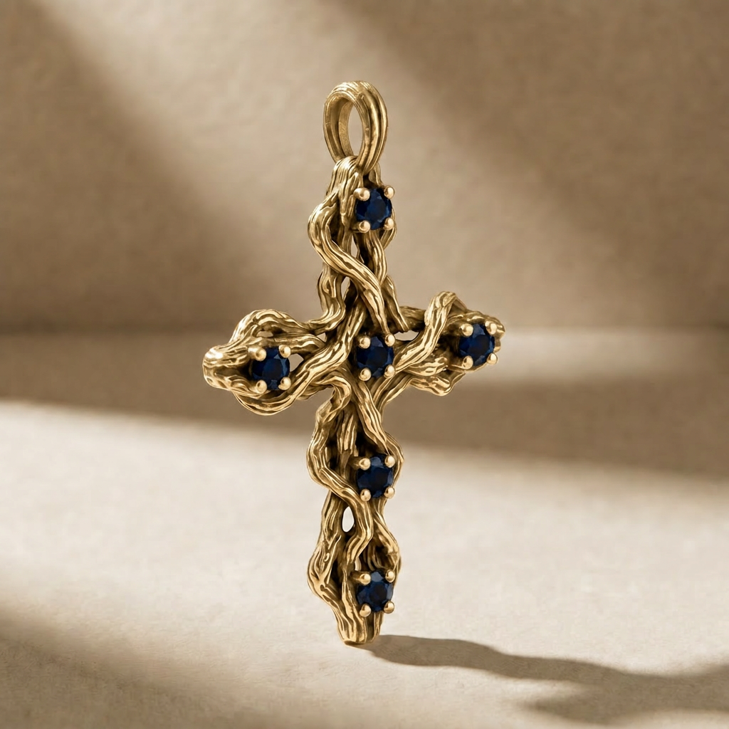 PLEXUS AUREUM ABYSSUS pendant in solid 18kt gold with blue stones, handcrafted in Italy for you - Broken Hearts