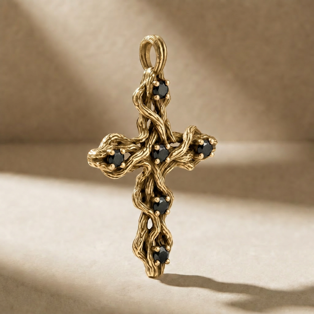 PLEXUS AUREUM NOX pendant in solid 18kt gold with black stones, handcrafted in Italy for you - Broken Hearts