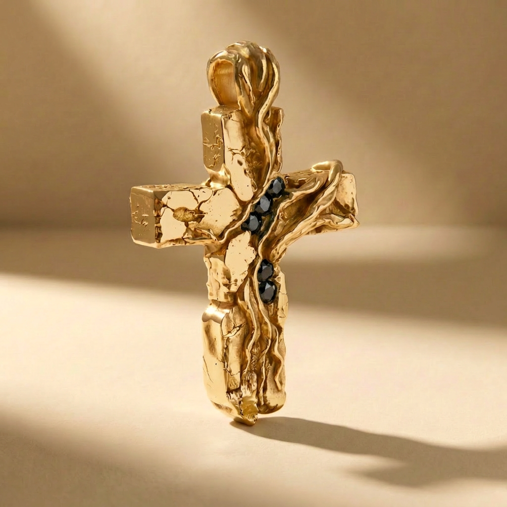 GOLDEN CRUCEM NOX cross pendant in solid 14kt gold with black stones, handcrafted in Italy for you - Broken Hearts