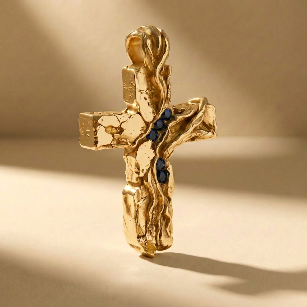 GOLDEN CRUCEM ABYSSUS cross pendant in solid 14kt gold with blue stones, handcrafted in Italy for you - Broken Hearts
