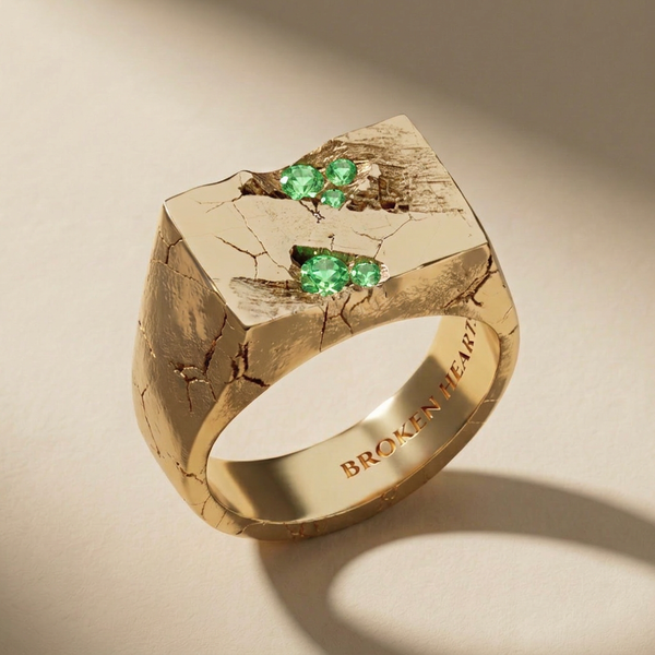 GOLDEN RELIC VIRIDIS ring in solid 14kt gold with green stones, handcrafted in Italy for you - Broken Hearts