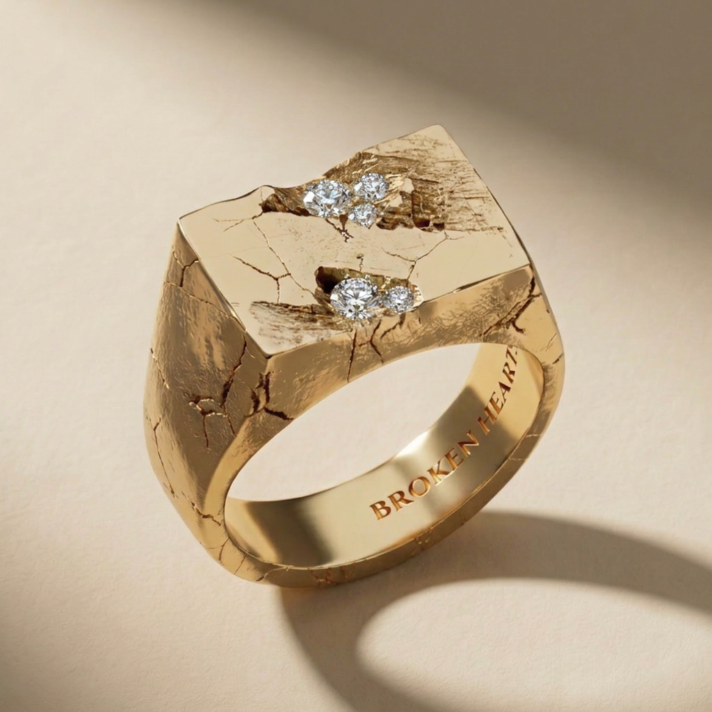 GOLDEN RELIC LUX ring in solid 14kt gold with white stones, handcrafted in Italy for you - Broken Hearts