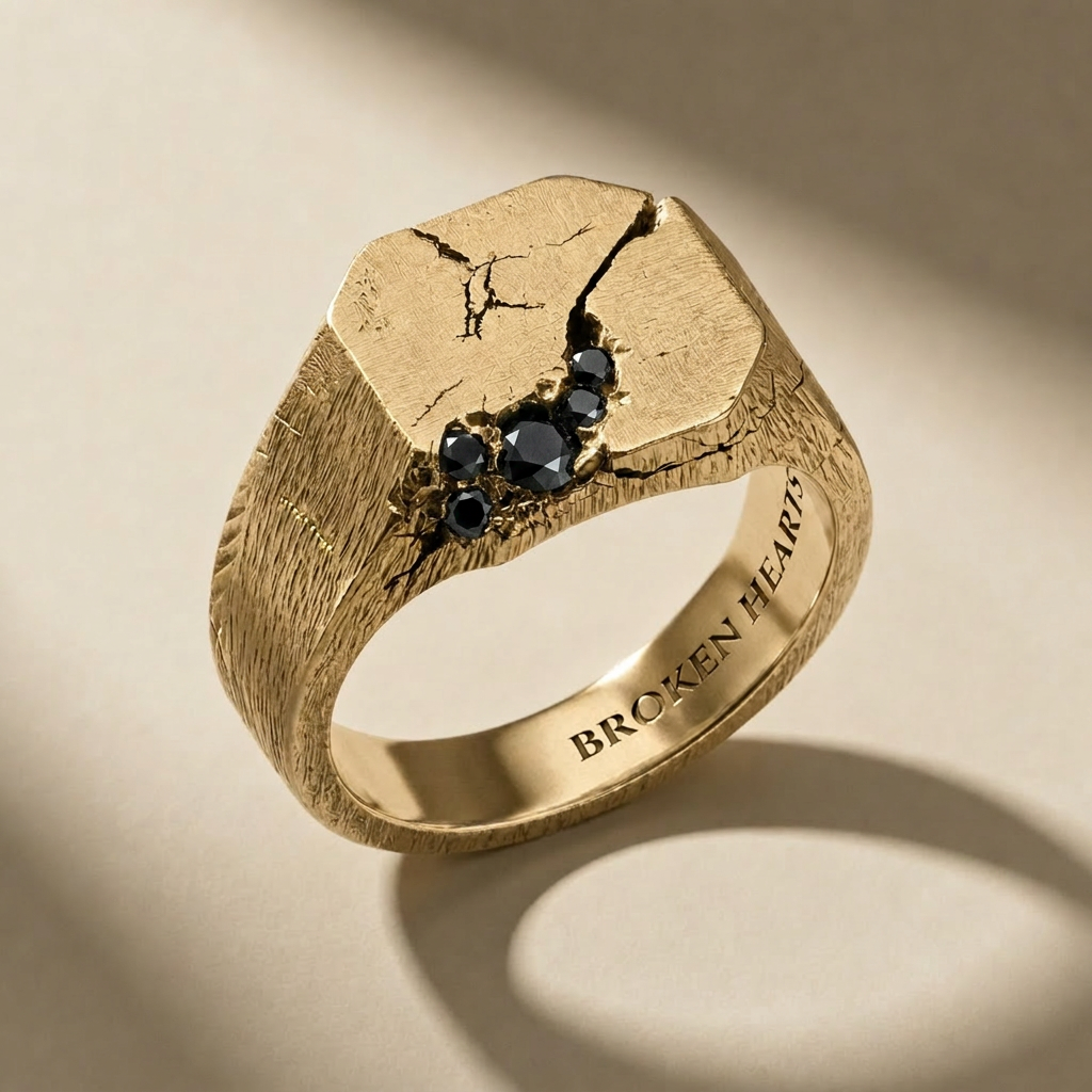 GOLDEN SCISSUM NOX ring in solid 14kt gold with black stones, handcrafted in Italy for you - Broken Hearts