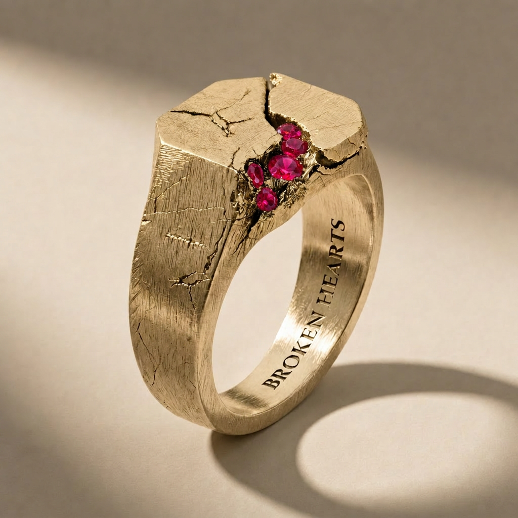 SCISSUM AUREUM SANGUINIS ring in solid 18kt gold with red stones, handcrafted in Italy for you - Broken Hearts