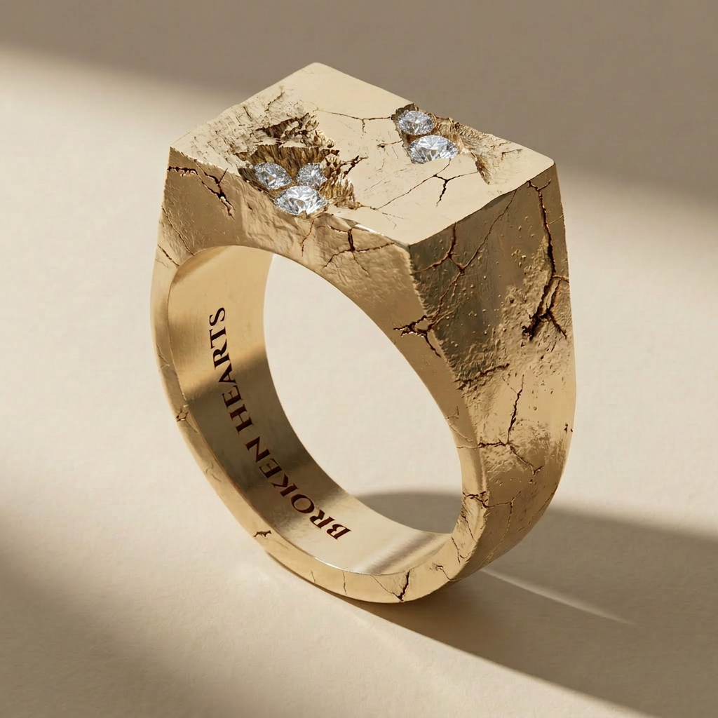 GOLDEN RELIC LUX ring in solid 14kt gold with white stones, handcrafted in Italy for you - Broken Hearts