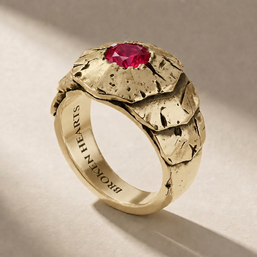 SCUTUM AUREUM SANGUINIS ring in solid 18kt gold with red stones, handcrafted in Italy for you - Broken Hearts