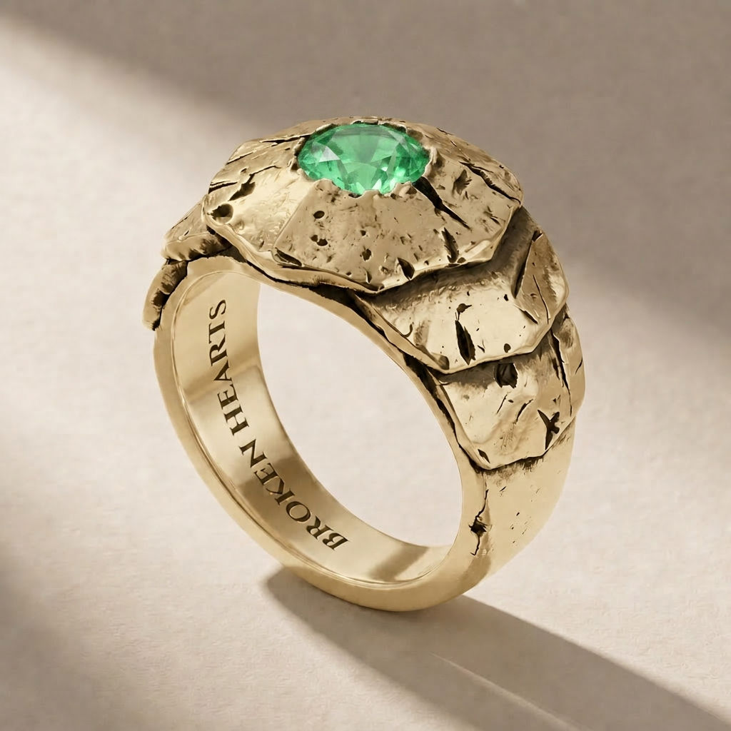 SCUTUM AUREUM VIRIDIS ring in solid 18kt gold with green stones, handcrafted in Italy for you - Broken Hearts