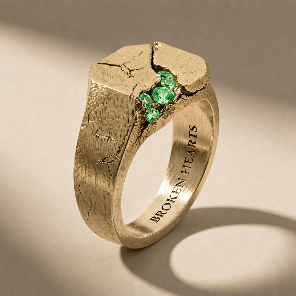 SCISSUM AUREUM VIRIDIS ring in solid 18kt gold with green stones, handcrafted in Italy for you - Broken Hearts