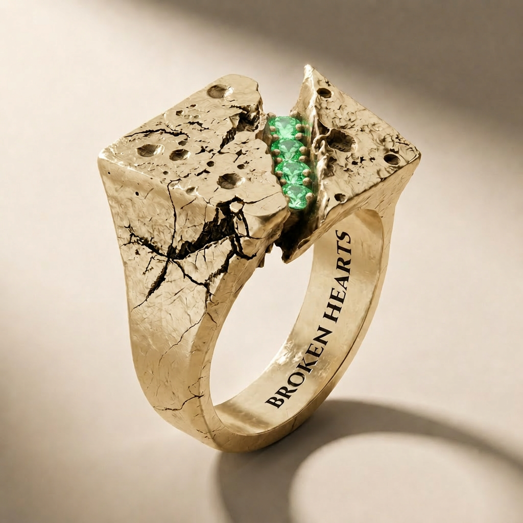 FRACTURA AUREUM VIRIDIS ring in solid 18kt gold with green stones, handcrafted in Italy for you - Broken Hearts