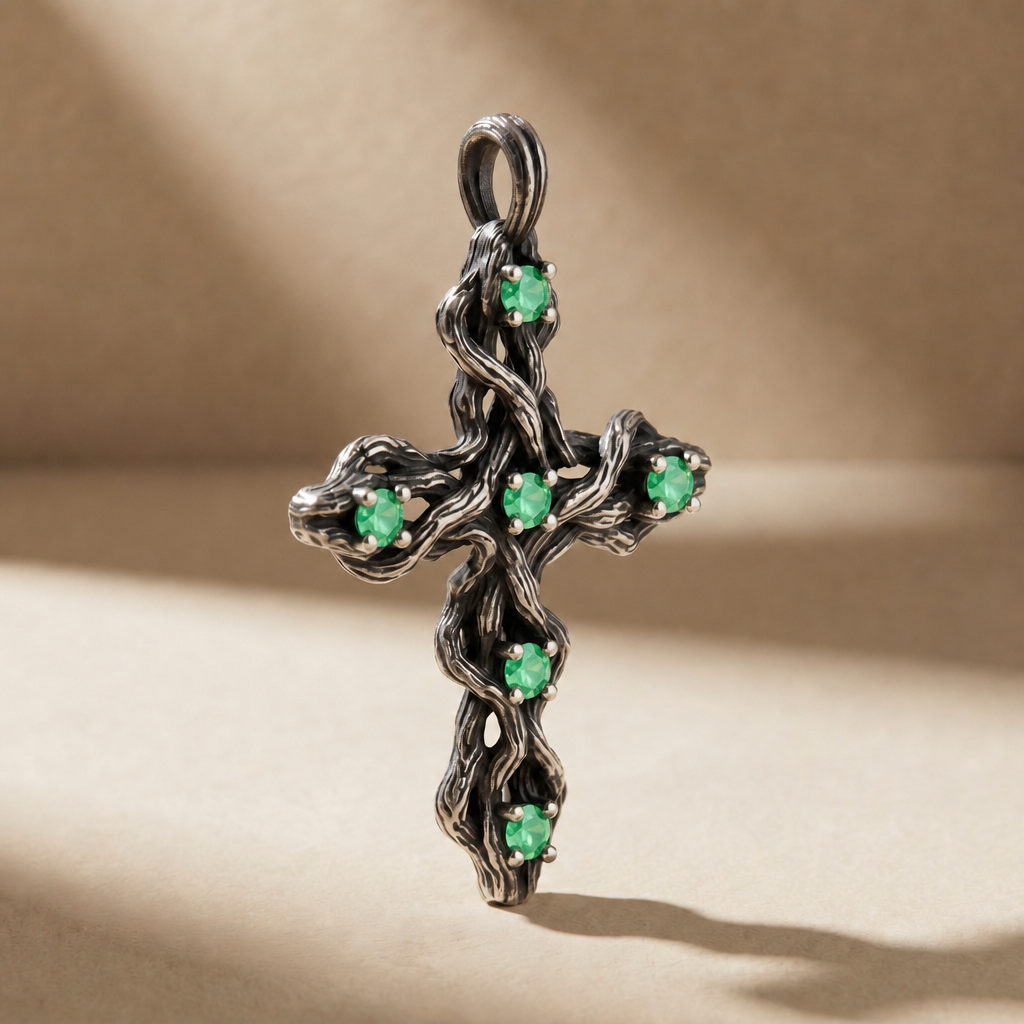 PLEXUS VIRIDIS pendant in volcanic-oxidized 925 silver with green stones, handcrafted in Italy for you - Broken Hearts