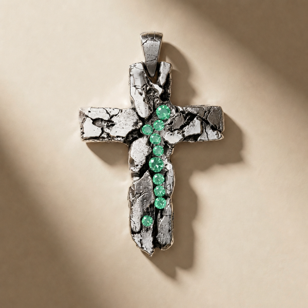 CRUX VIRIDIS cross pendant in volcanic-oxidized 925 silver with green stones, handcrafted in Italy for you - Broken Hearts