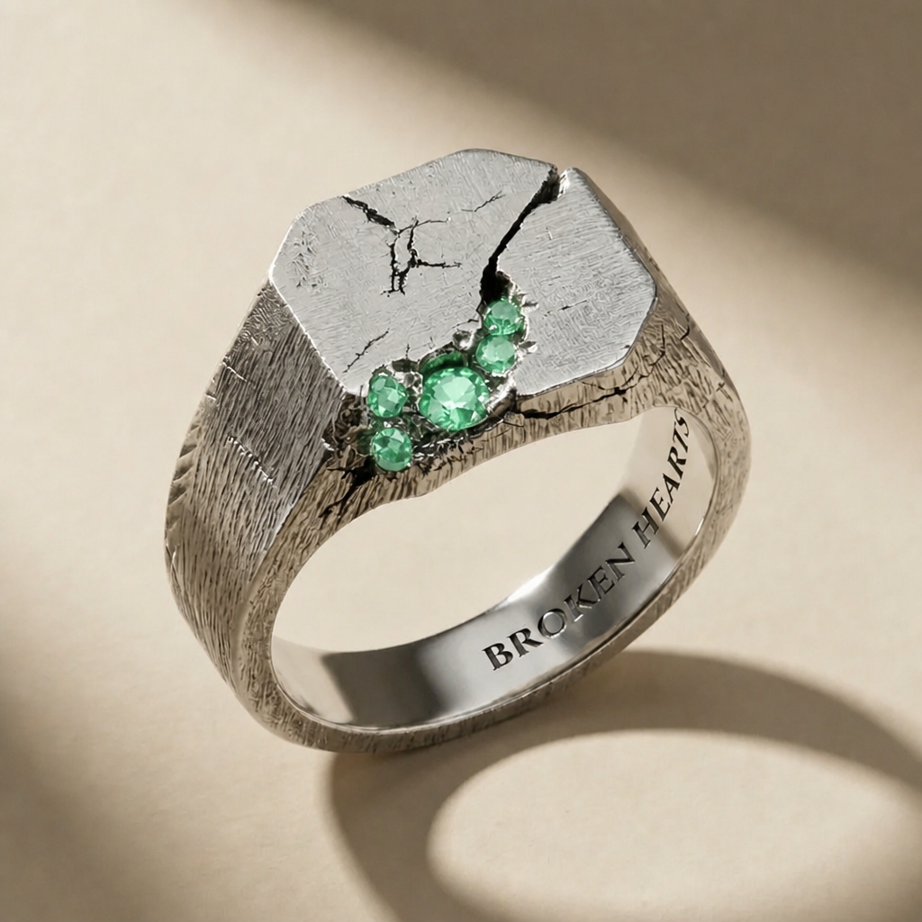SCISSUM VIRIDIS ring in volcanic-oxidized 925 silver with green stones, handcrafted in Italy for you - Broken Hearts