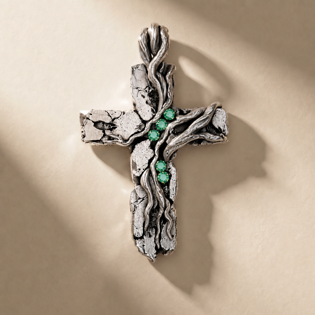 CRUCEM VIRIDIS cross pendant in volcanic-oxidized 925 silver with green stones, handcrafted in Italy for you - Broken Hearts