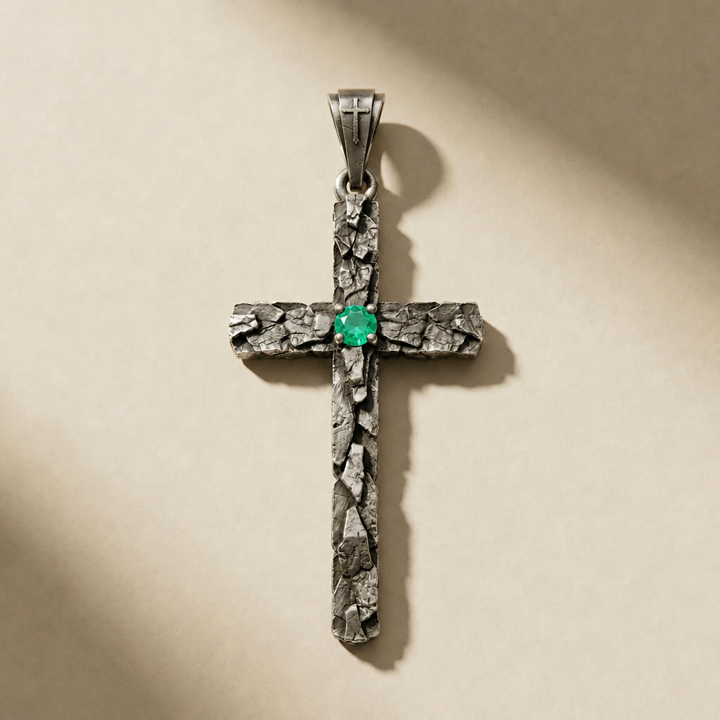 DEVOTIO VIRIDIS pendant in volcanic-oxidized 925 silver with green stones, handcrafted in Italy for you - Broken Hearts