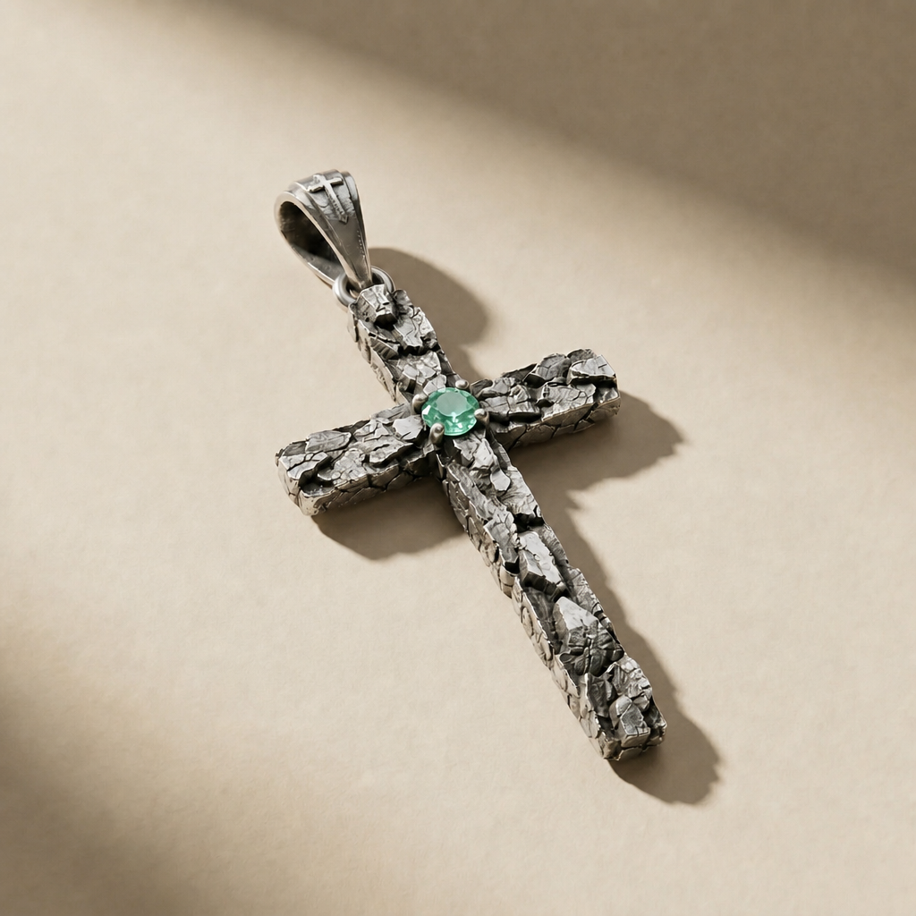 DEVOTIO VIRIDIS pendant in volcanic-oxidized 925 silver with green stones, handcrafted in Italy for you - Broken Hearts