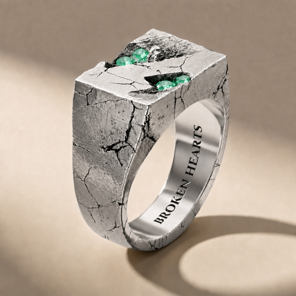 RELIC VIRIDIS ring in volcanic-oxidized 925 silver with green stones, handcrafted in Italy for you - Broken Hearts