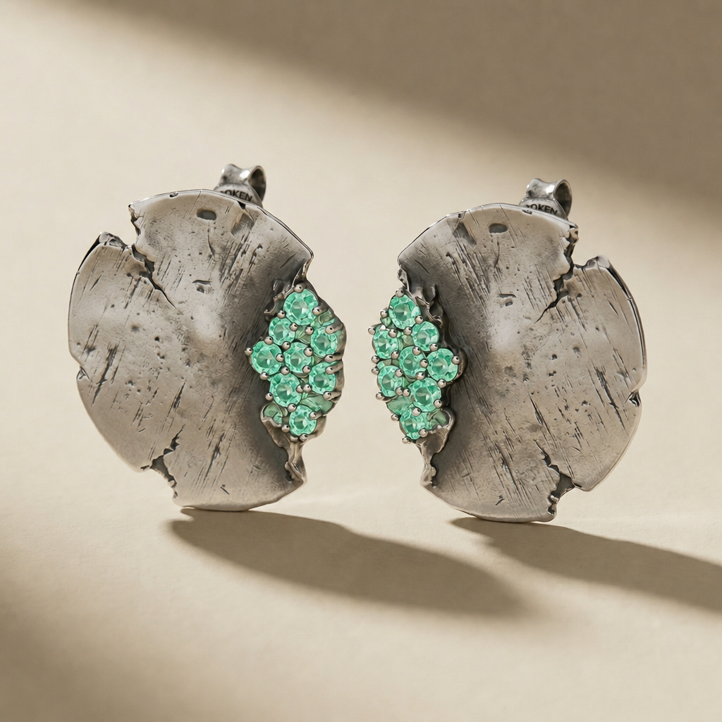ORBITA VIRIDIS ear cuff in volcanic-oxidized 925 silver with green stones, handcrafted in Italy for you - Broken Hearts
