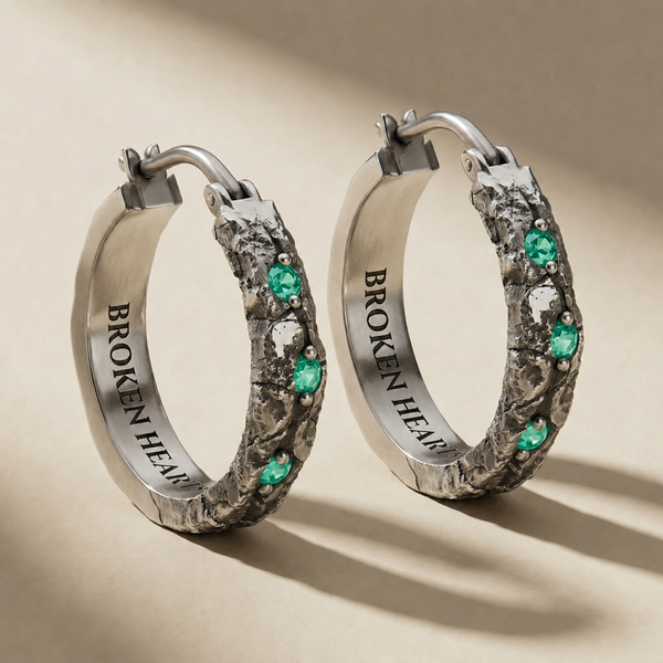 ANULUS VIRIDIS hoop earrings in volcanic-oxidized 925 silver with green stones, handcrafted in Italy for you - Broken Hearts