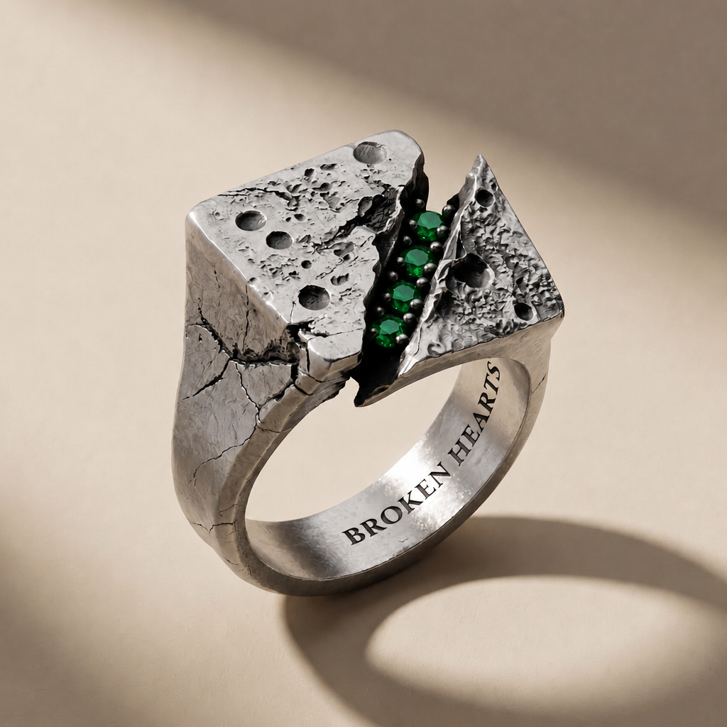 FRACTURA VIRIDIS ring in volcanic-oxidized 925 silver with green stones, handcrafted in Italy for you - Broken Hearts