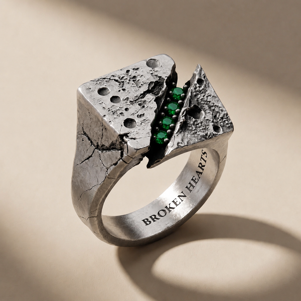 FRACTURA VIRIDIS ring in volcanic-oxidized 925 silver with green stones, handcrafted in Italy for you - Broken Hearts