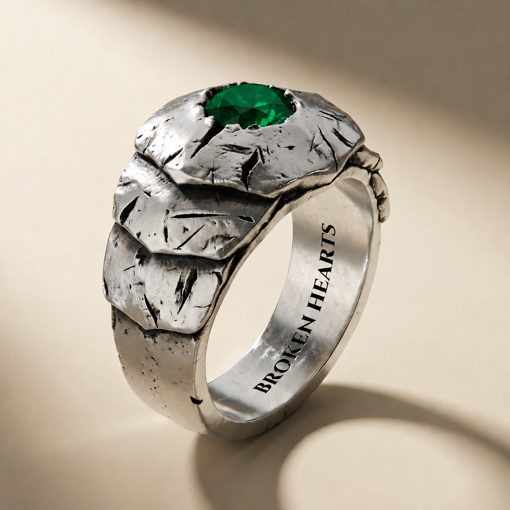 SCUTUM VIRIDIS ring in volcanic-oxidized 925 silver with green stones, handcrafted in Italy for you - Broken Hearts