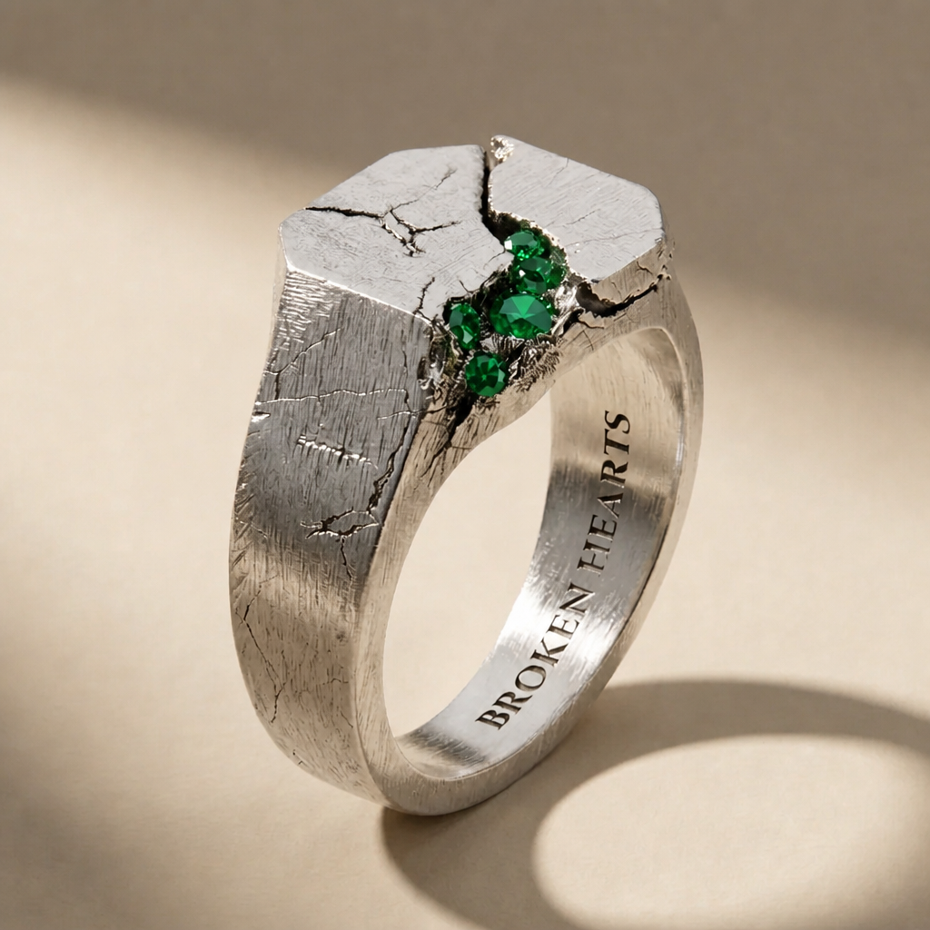 SCISSUM VIRIDIS ring in volcanic-oxidized 925 silver with green stones, handcrafted in Italy for you - Broken Hearts