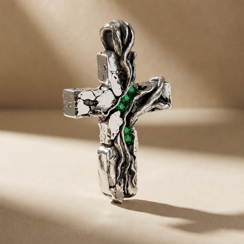 CRUCEM VIRIDIS cross pendant in volcanic-oxidized 925 silver with green stones, handcrafted in Italy for you - Broken Hearts