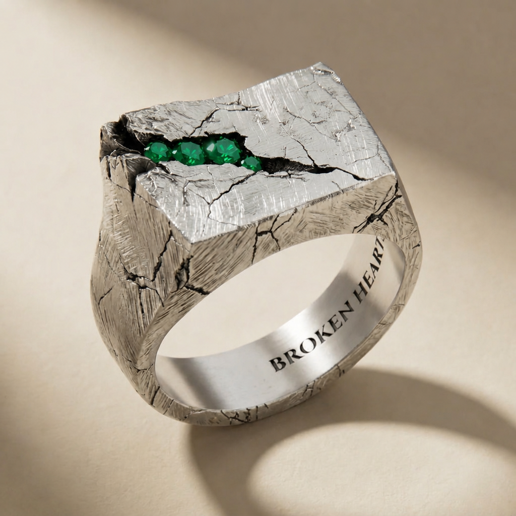 SAXUM VIRIDIS ring in volcanic-oxidized 925 silver with green stones, handcrafted in Italy for you - Broken Hearts