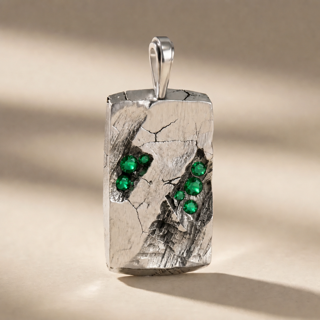 GOLGA VIRIDIS pendant in volcanic-oxidized 925 silver with green stones, handcrafted in Italy for you - Broken Hearts