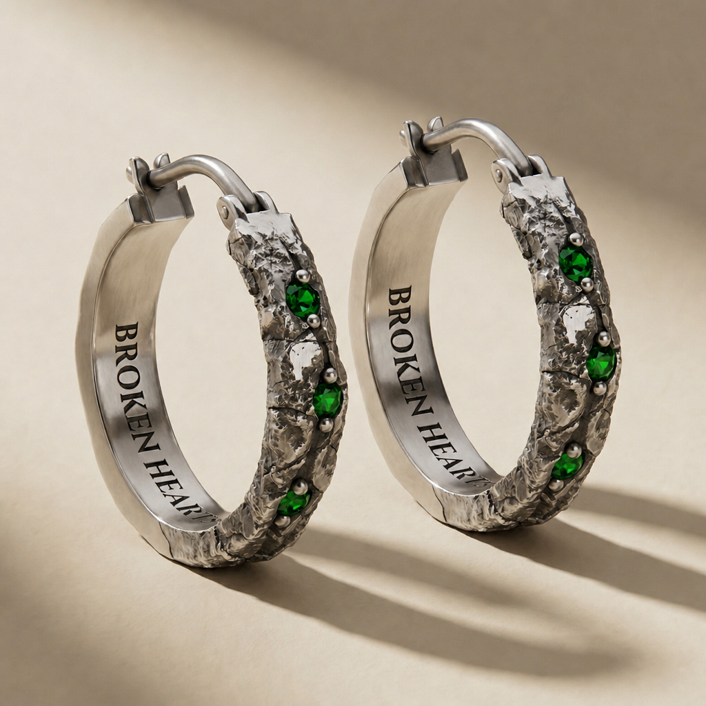 ANULUS VIRIDIS hoop earrings in volcanic-oxidized 925 silver with green stones, handcrafted in Italy for you - Broken Hearts