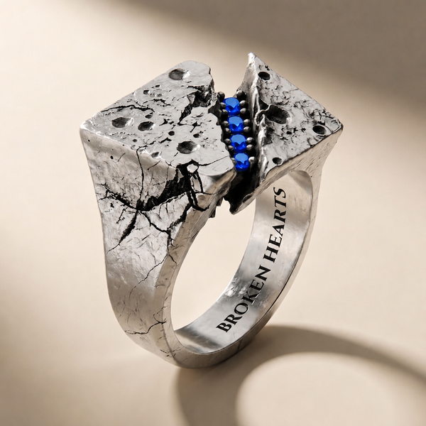 FRACTURA ABYSSUS ring in volcanic-oxidized 925 silver with blue stones, handcrafted in Italy for you - Broken Hearts