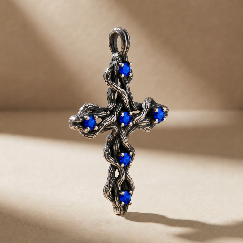 PLEXUS ABYSSUS pendant in volcanic-oxidized 925 silver with blue stones, handcrafted in Italy for you - Broken Hearts
