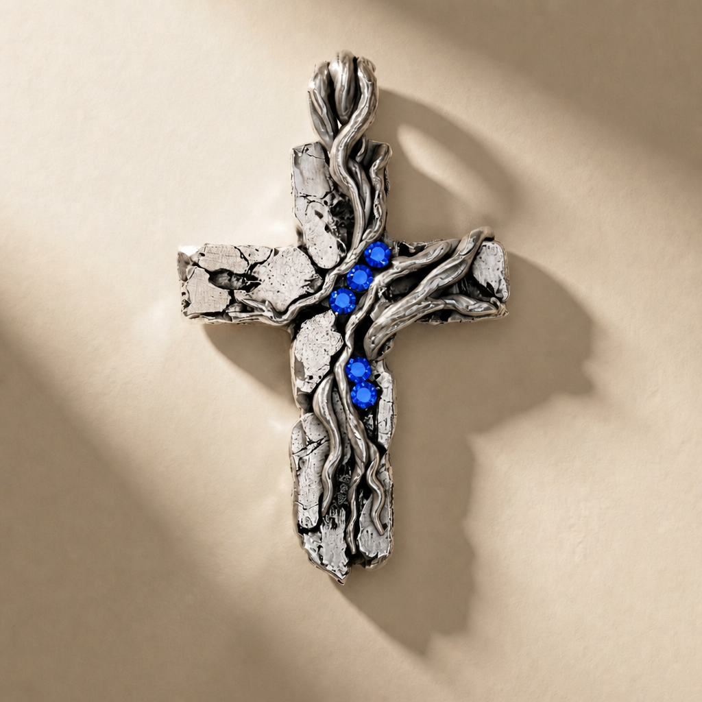 CRUCEM ABYSSUS cross pendant in volcanic-oxidized 925 silver with blue stones, handcrafted in Italy for you - Broken Hearts