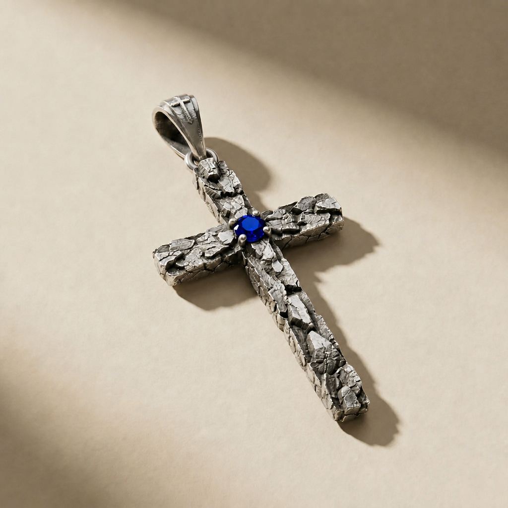 DEVOTIO ABYSSUS pendant in volcanic-oxidized 925 silver with blue stones, handcrafted in Italy for you - Broken Hearts