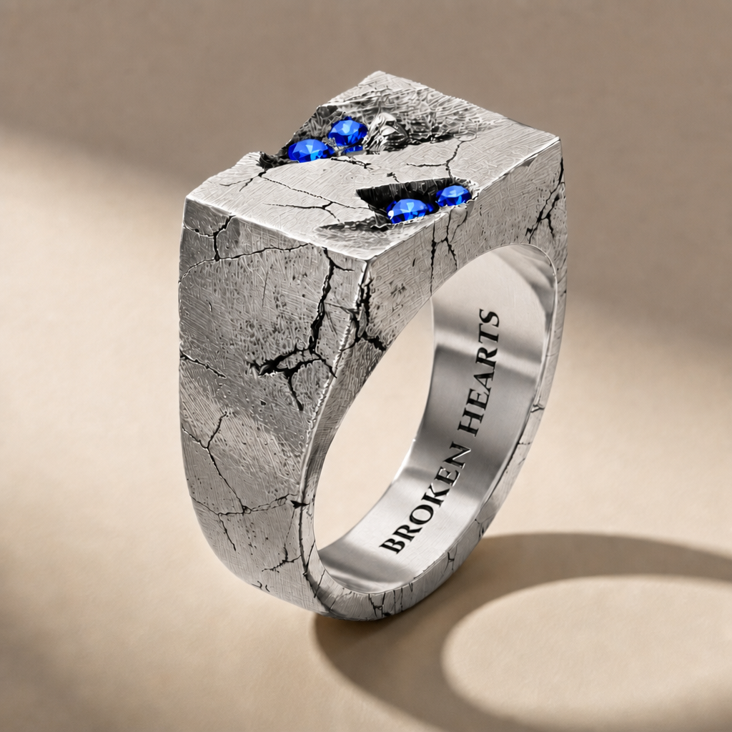 RELIC ABYSSUS ring in volcanic-oxidized 925 silver with blue stones, handcrafted in Italy for you - Broken Hearts