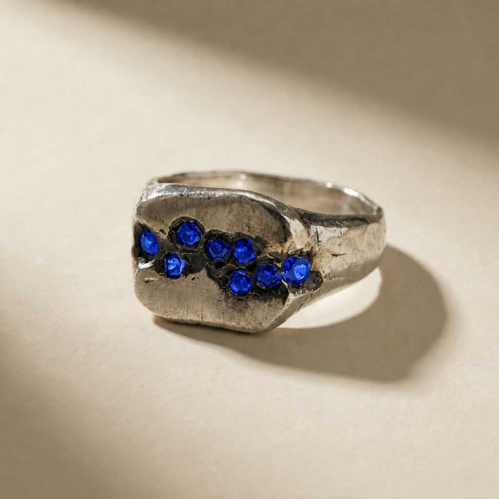CUMULUS ABYSSUS ring in volcanic-oxidized 925 silver with blue stones, handcrafted in Italy for you - Broken Hearts