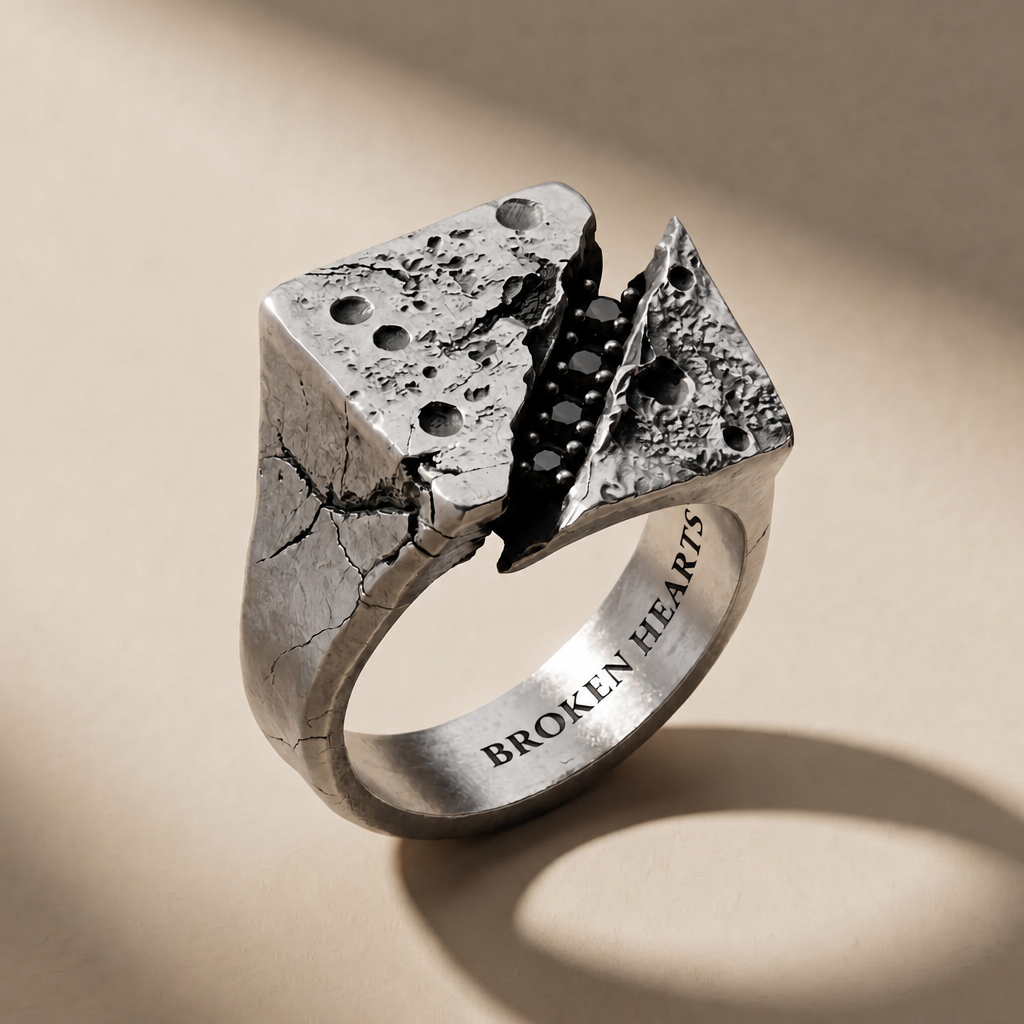 FRACTURA NOX ring in volcanic-oxidized 925 silver with black stones, handcrafted in Italy for you - Broken Hearts