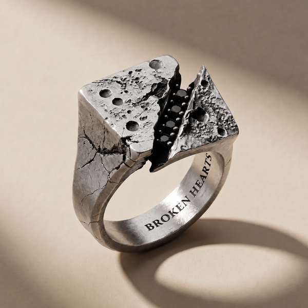FRACTURA NOX ring in volcanic-oxidized 925 silver with black stones, handcrafted in Italy for you - Broken Hearts