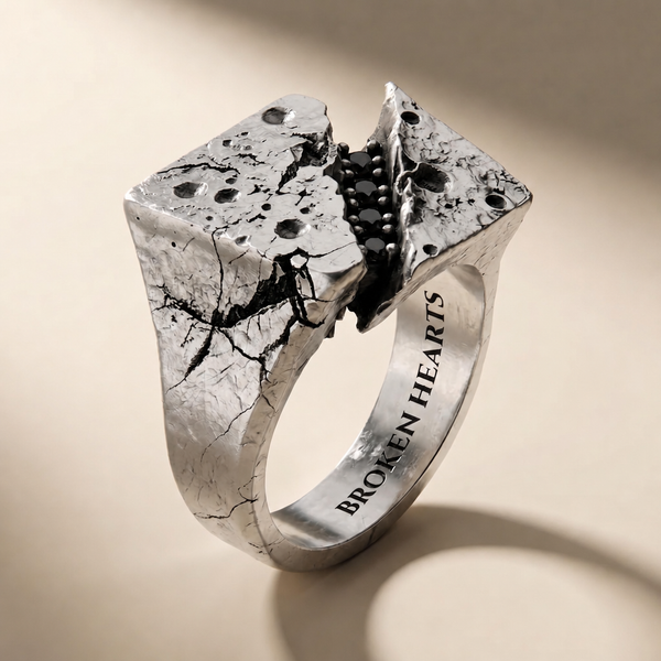 FRACTURA NOX ring in volcanic-oxidized 925 silver with black stones, handcrafted in Italy for you - Broken Hearts