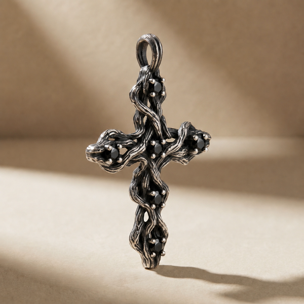 PLEXUS NOX pendant in volcanic-oxidized 925 silver with black stones, handcrafted in Italy for you - Broken Hearts