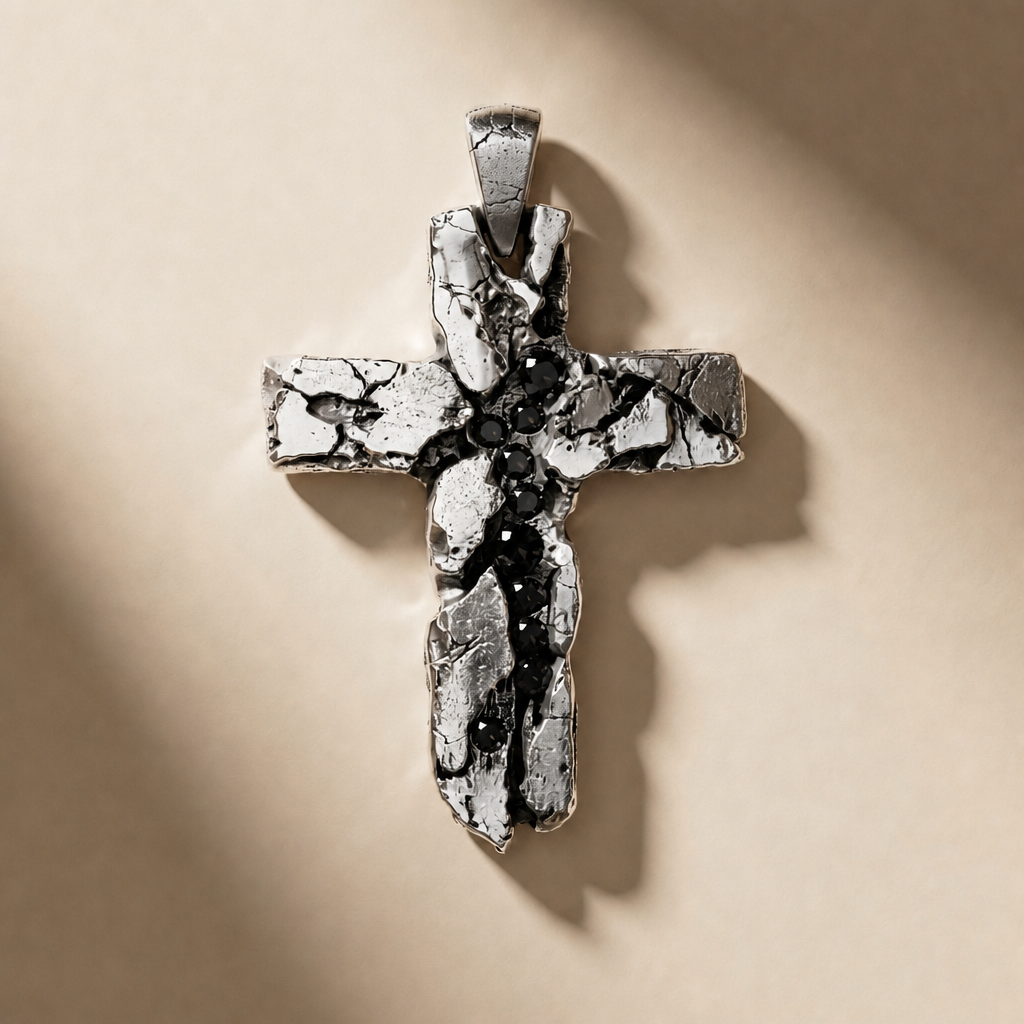 CRUX NOX cross pendant in volcanic-oxidized 925 silver with black stones, handcrafted in Italy for you - Broken Hearts