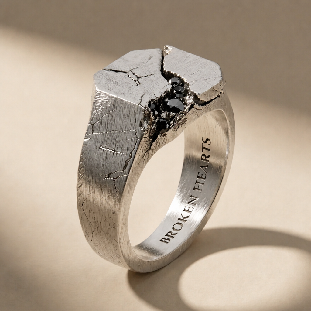 SCISSUM NOX ring in volcanic-oxidized 925 silver with black stones, handcrafted in Italy for you - Broken Hearts