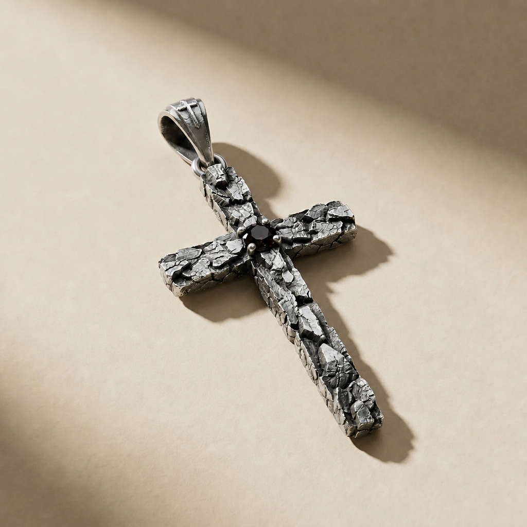 DEVOTIO NOX pendant in volcanic-oxidized 925 silver with black stones, handcrafted in Italy for you - Broken Hearts