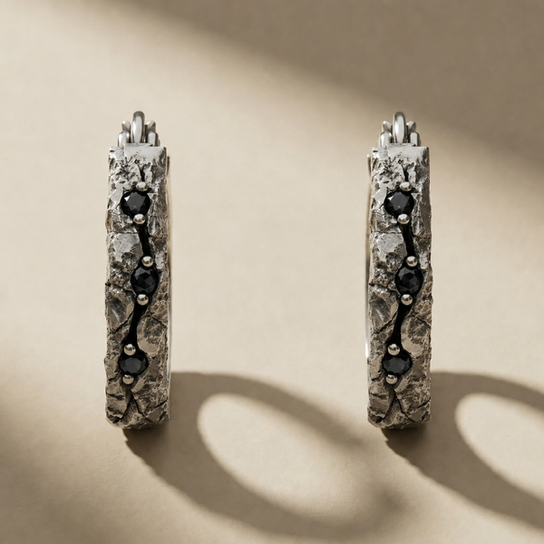 ANULUS NOX hoop earrings in volcanic-oxidized 925 silver with black stones, handcrafted in Italy for you - Broken Hearts