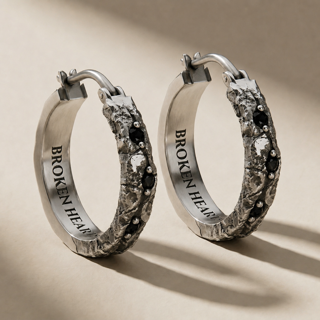 ANULUS NOX hoop earrings in volcanic-oxidized 925 silver with black stones, handcrafted in Italy for you - Broken Hearts