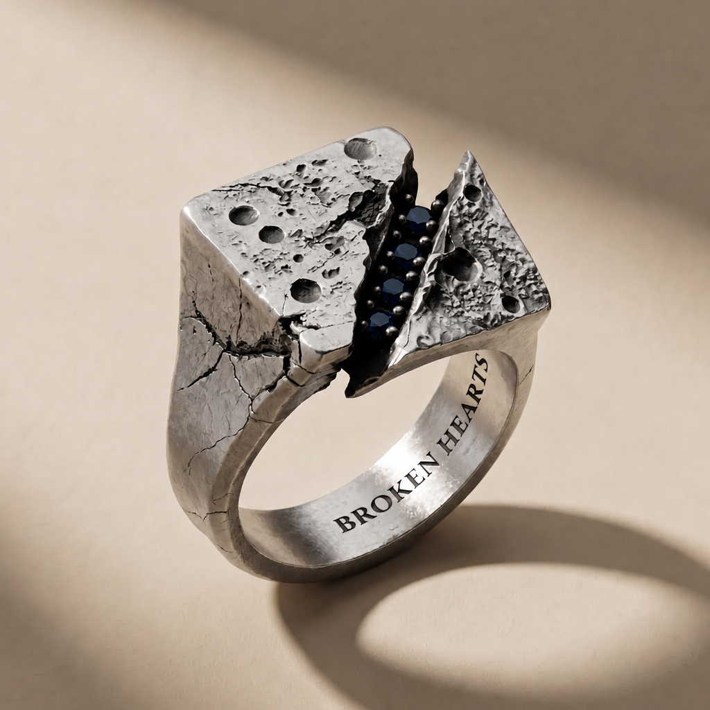 FRACTURA ABYSSUS ring in volcanic-oxidized 925 silver with blue stones, handcrafted in Italy for you - Broken Hearts