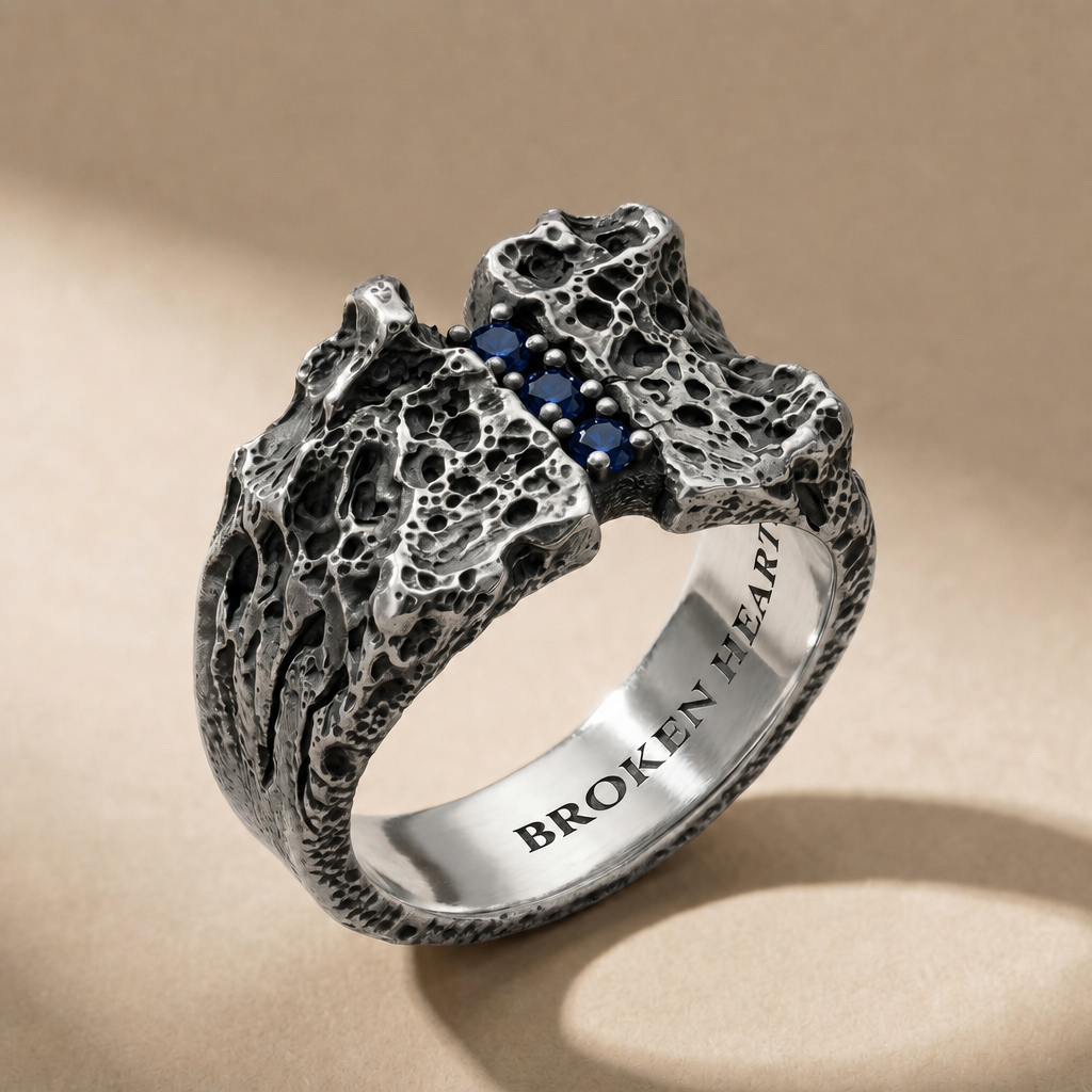 TERNUM ABYSSUS three-stone ring in volcanic-oxidized 925 silver with blue stones, handcrafted in Italy for you - Broken Hearts