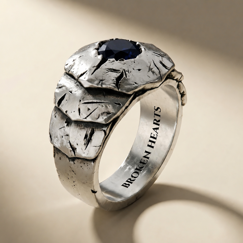 SCUTUM ABYSSUS ring in volcanic-oxidized 925 silver with blue stones, handcrafted in Italy for you - Broken Hearts